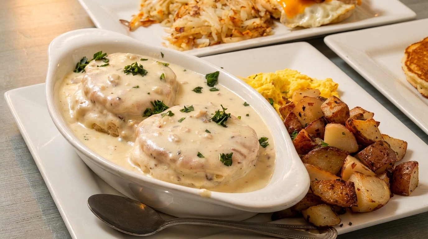 Biscuits and gravy with roasted potatoes, scrambled eggs, and hash browns on a white plate.