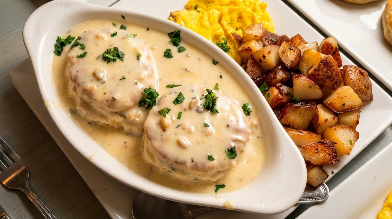Biscuits and gravy with scrambled eggs and roasted potatoes on a white plate.