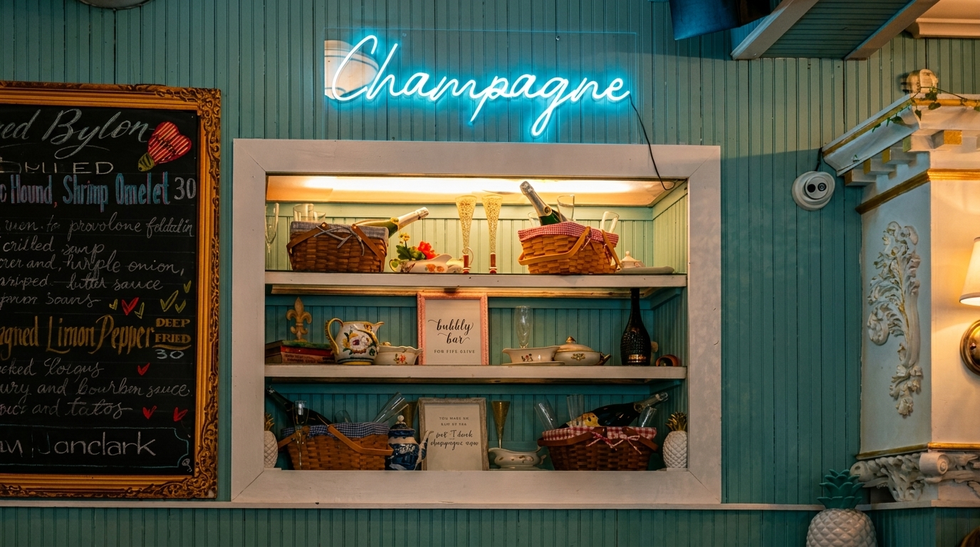 A neon "Champagne" sign glows above shelves filled with bottles, baskets, and glassware.