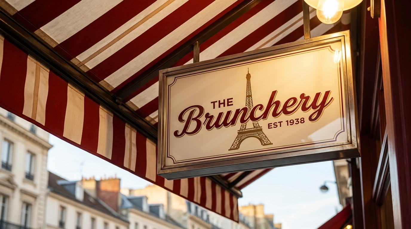 A hanging sign for "The Brunchery" with an Eiffel Tower logo, under a red and white striped awning.