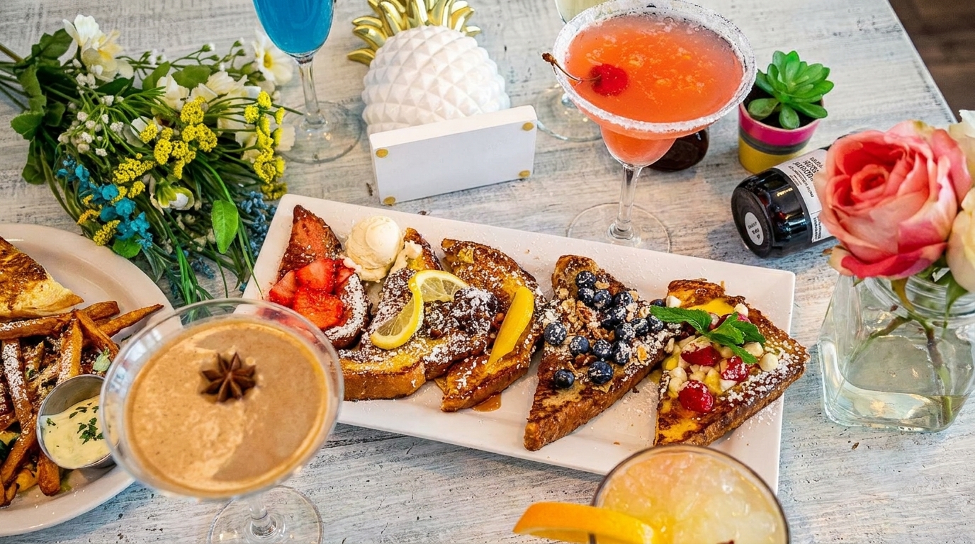 A brunch spread with French toast, fries, cocktails, and floral decorations on a white wooden table.