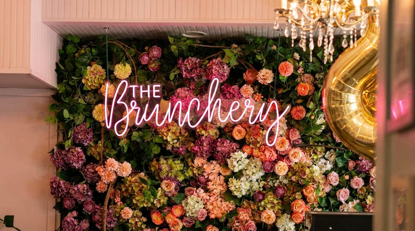 Pink neon sign "THE Brunchery" on a wall of colorful flowers and greenery, with a chandelier.