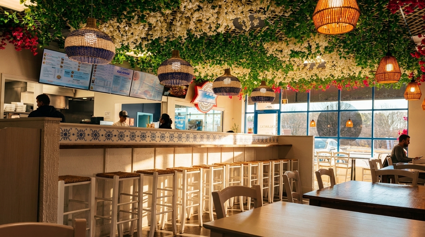 A restaurant interior with a floral ceiling, bar seating, and a large window overlooking a street.