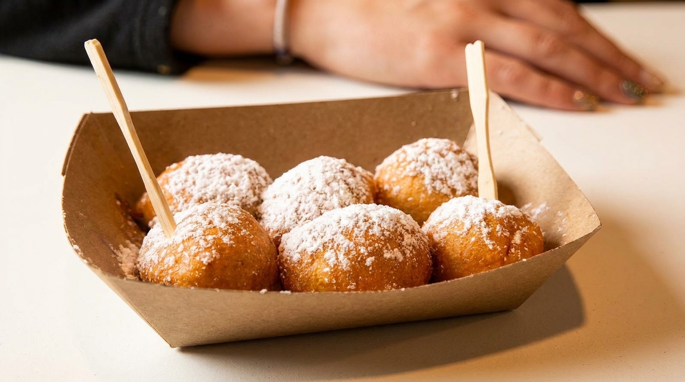 Golden-brown donut holes, dusted with powdered sugar, in a brown paper tray with two wooden picks.