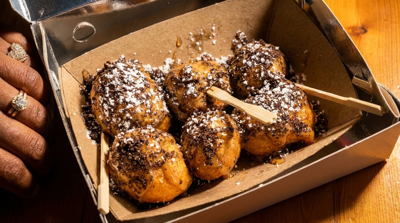 Golden fried dough balls topped with powdered sugar and chocolate crumbles in a takeout box.