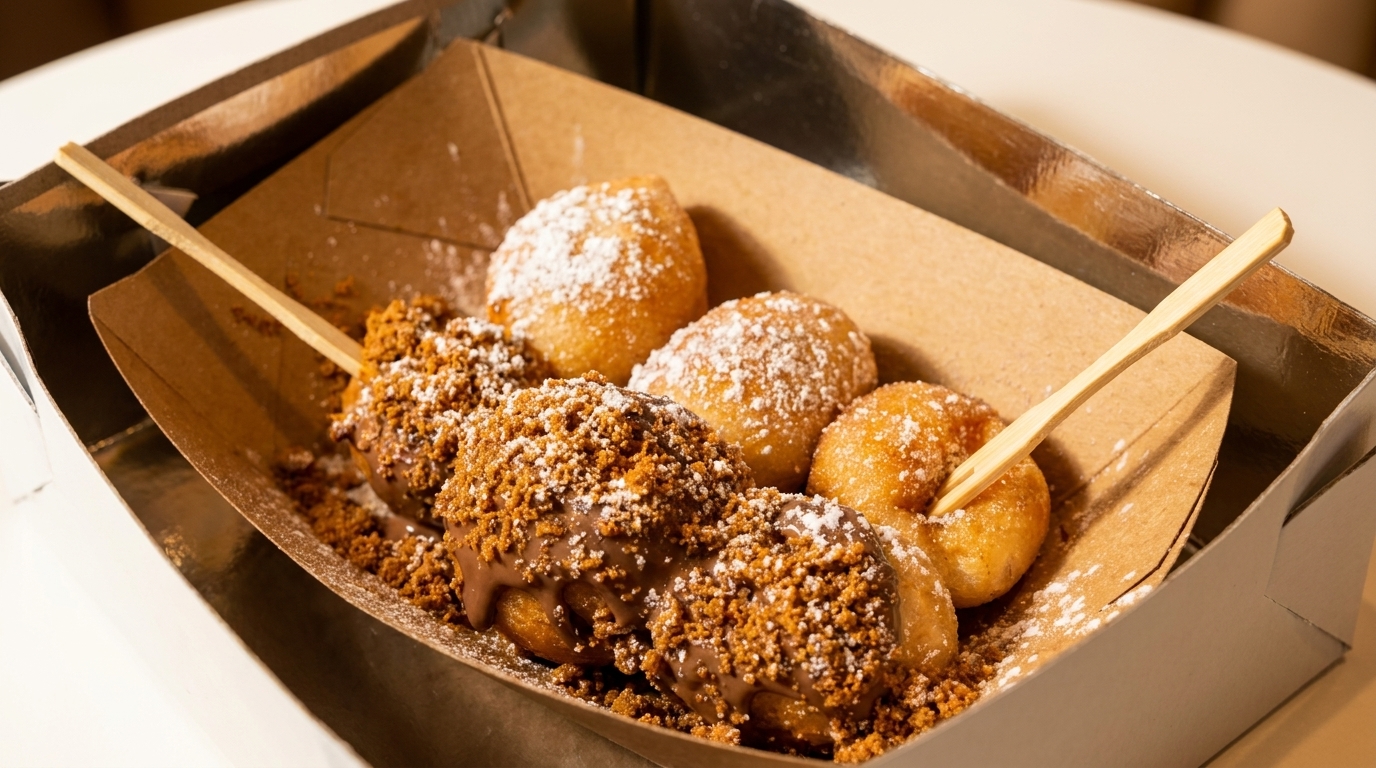Donut holes, some with powdered sugar, others with chocolate and cookie crumbles, in a takeout box.