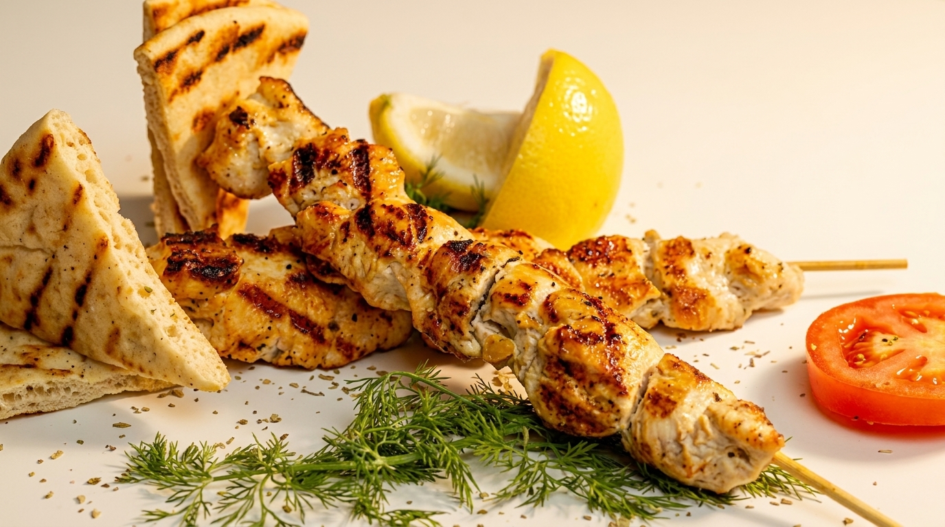 Grilled chicken skewers with pita bread, lemon, tomato, and dill on a white surface.