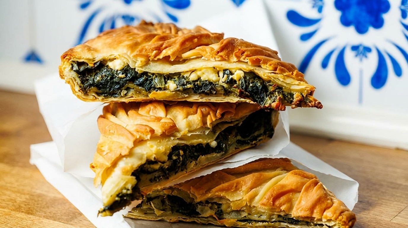 Three stacked slices of golden-brown spanakopita, revealing a rich spinach and feta cheese filling.