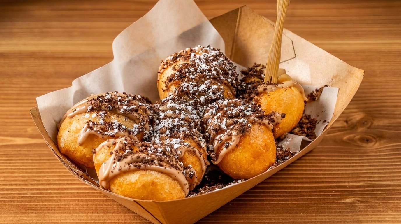 Golden fried dough balls drizzled with chocolate sauce, powdered sugar, and cookie crumbles in a paper tray.