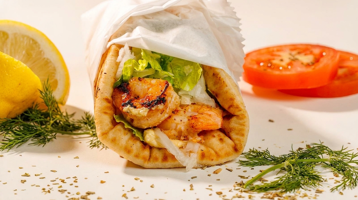 Shrimp pita wrap with lettuce, lemon, dill, and tomato slices on a white surface.