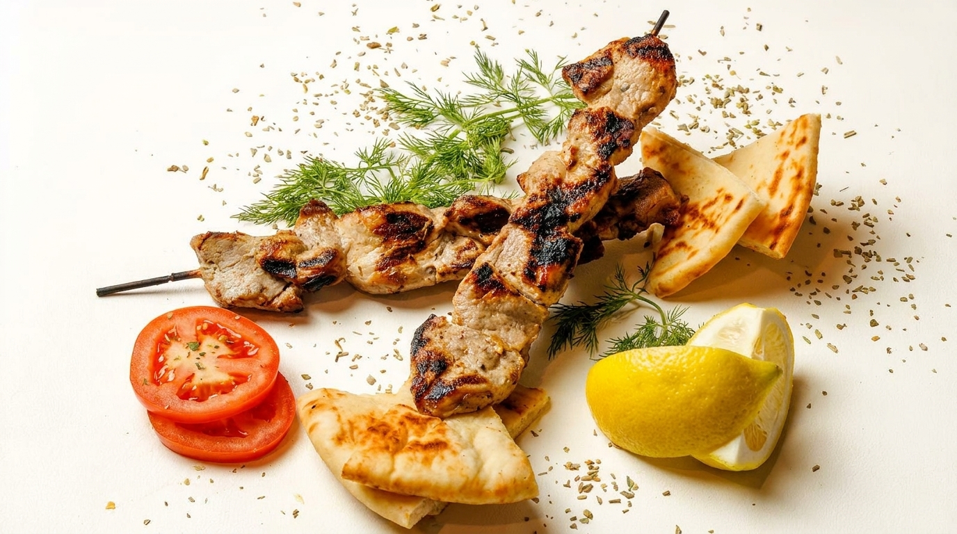 Grilled pork souvlaki skewers with pita bread, lemon, tomato slices, and dill on a white background.