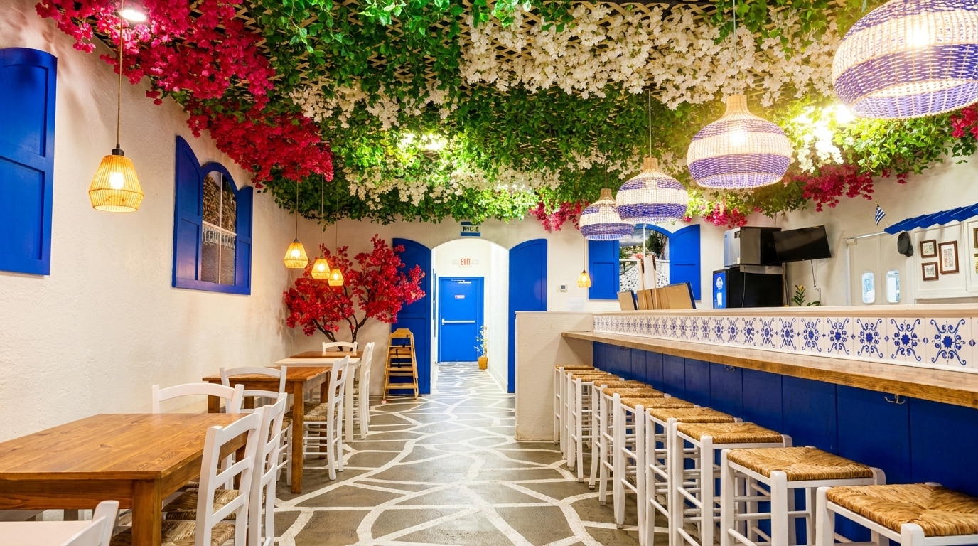 A restaurant interior with blue and white decor, floral ceiling, wooden tables, and bar seating.