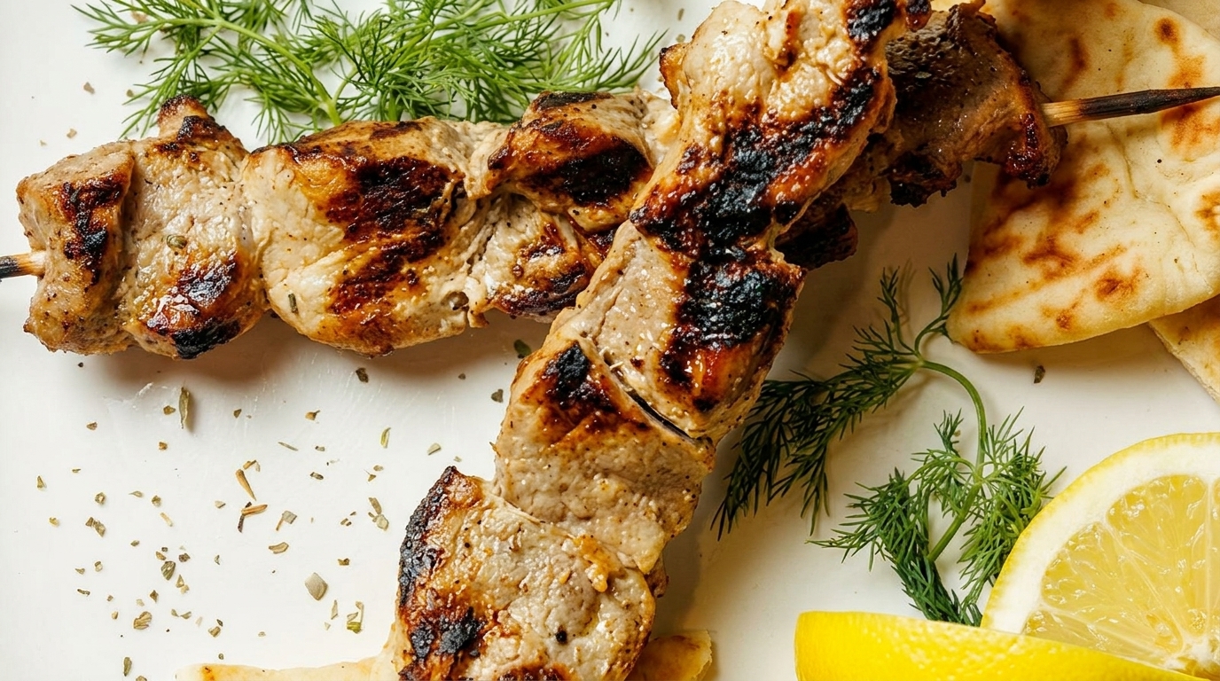 Grilled pork souvlaki skewers with pita bread, fresh dill, and lemon wedges on a white plate.