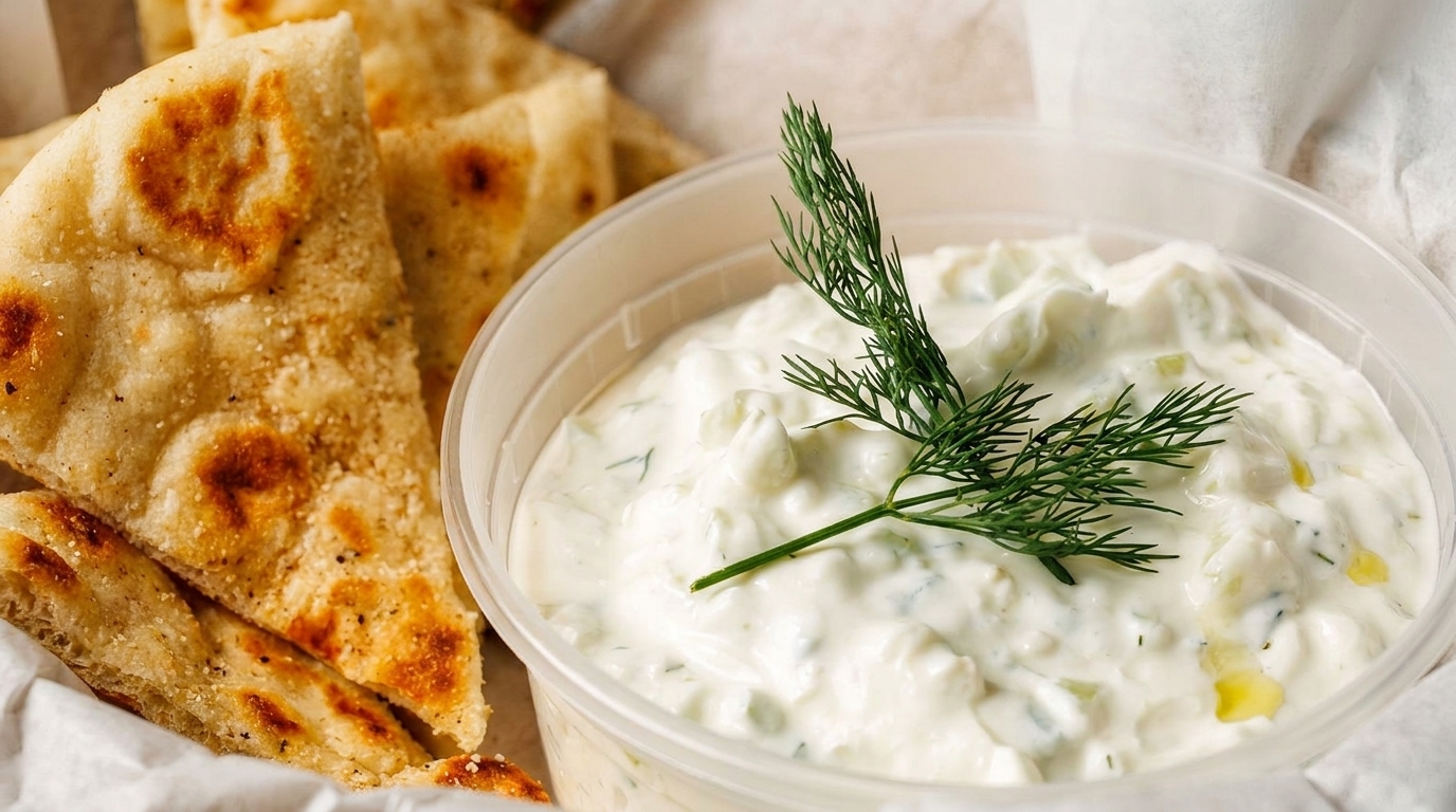 Warm pita bread triangles next to a container of tzatziki dip garnished with fresh dill.