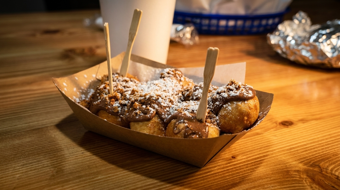 Fried dough balls with chocolate sauce, powdered sugar, and cookie crumbles in a paper tray.