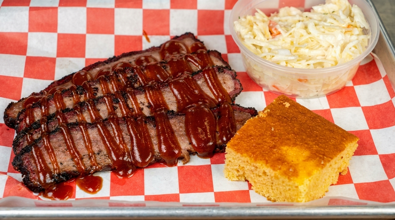 Slices of brisket with BBQ sauce, coleslaw, and cornbread on red and white checkered paper.