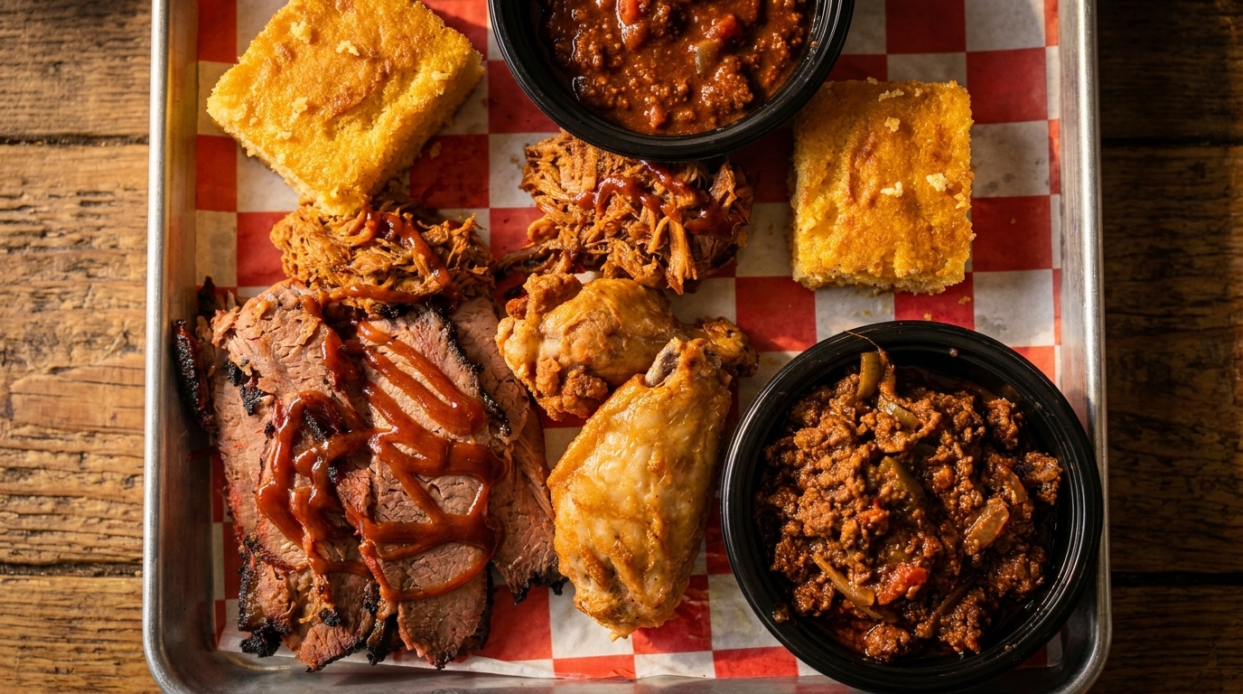 A BBQ platter with sliced brisket, pulled pork, fried chicken, cornbread, and chili.