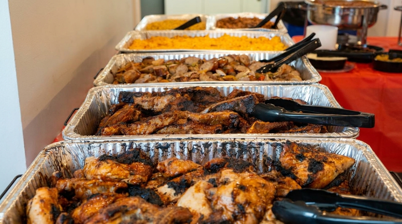 A buffet line with aluminum trays of grilled chicken, ribs, sausage, and yellow rice.