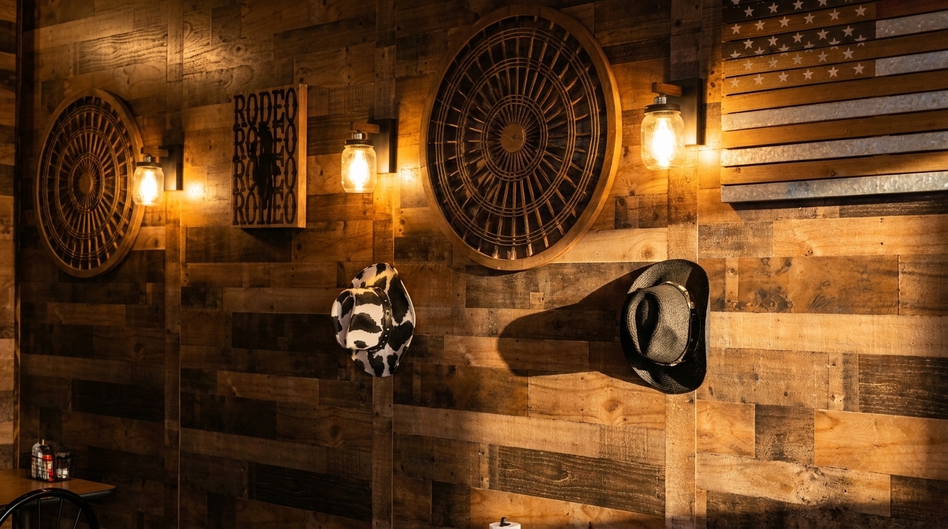 Rustic wooden wall with wagon wheel decor, mason jar lights, a cow print hat, and an American flag.