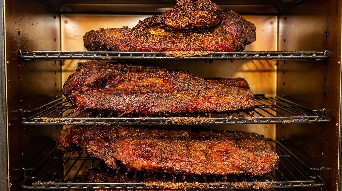 Three large cuts of seasoned brisket cooking on racks inside a smoker.