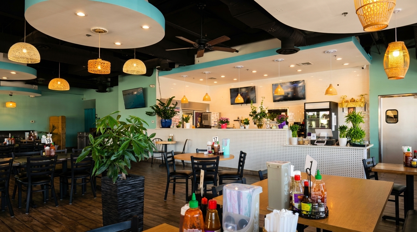 Bright, empty restaurant interior with wooden tables, black chairs, and woven pendant lights over a teal and white color scheme.
