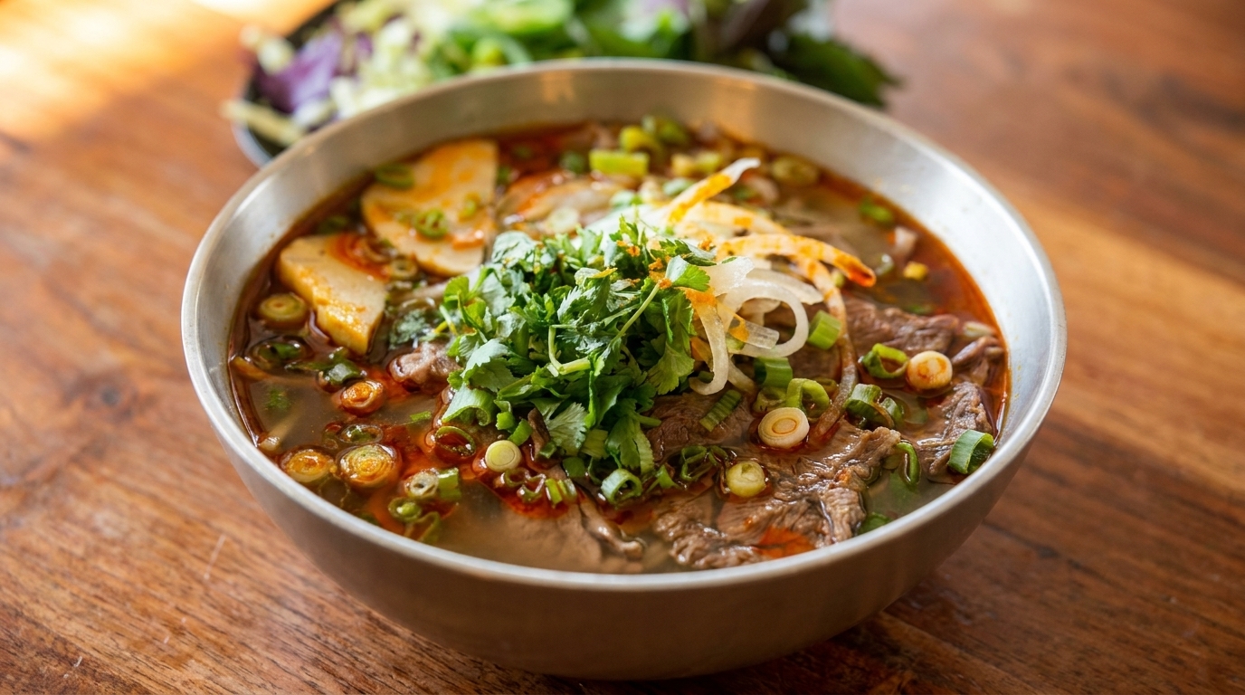 Close-up of a bowl of Vietnamese Bun Bo Hue soup with beef, pork, and herbs.