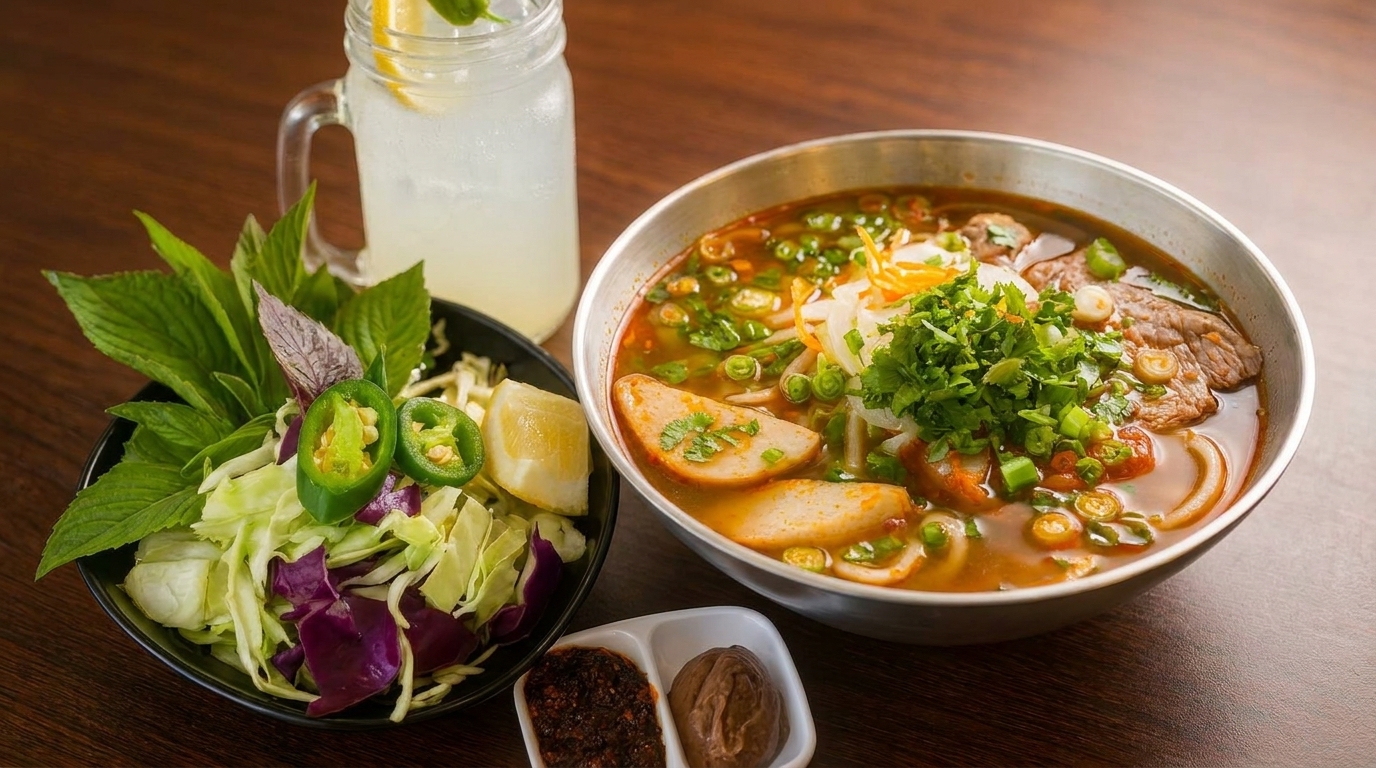 Spicy Vietnamese noodle soup with beef, fish cakes, and fresh herbs, served with a lemonade.