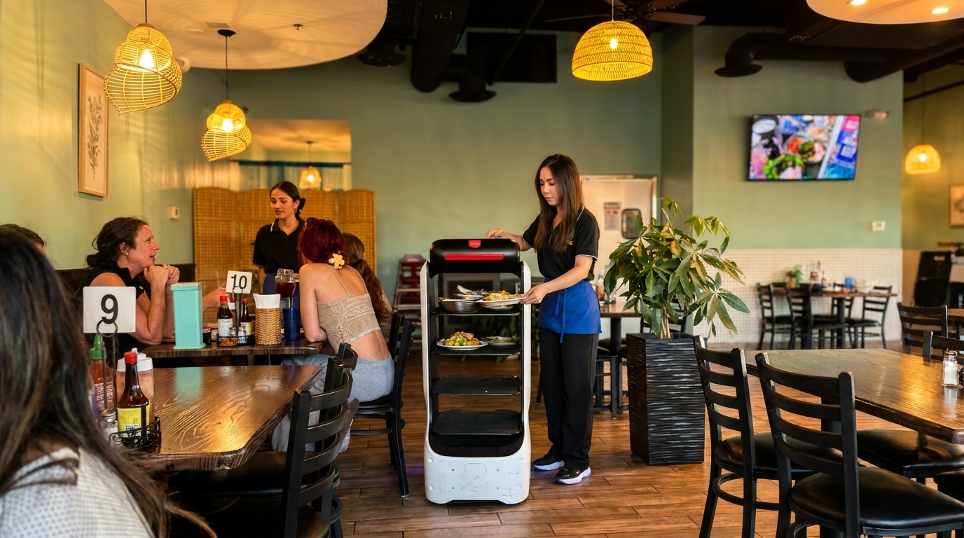 A server unloads food from a robot server in a restaurant with customers dining.