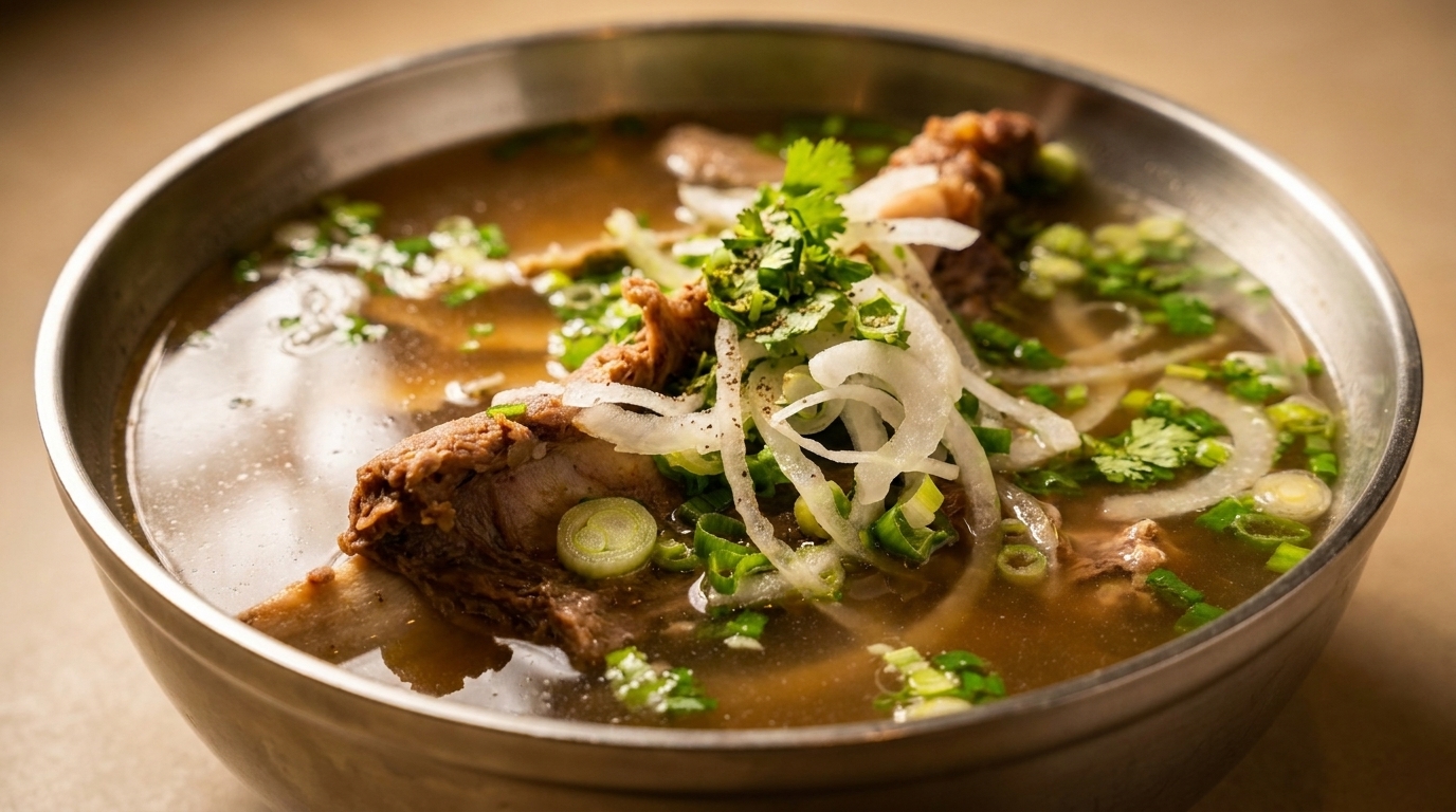 Close-up of a bowl of pho with beef, noodles, sliced onions, and green herbs.
