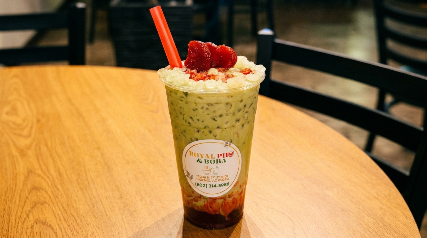 Royal Pii & Boba's green boba drink with strawberries and a red straw on a wooden table.