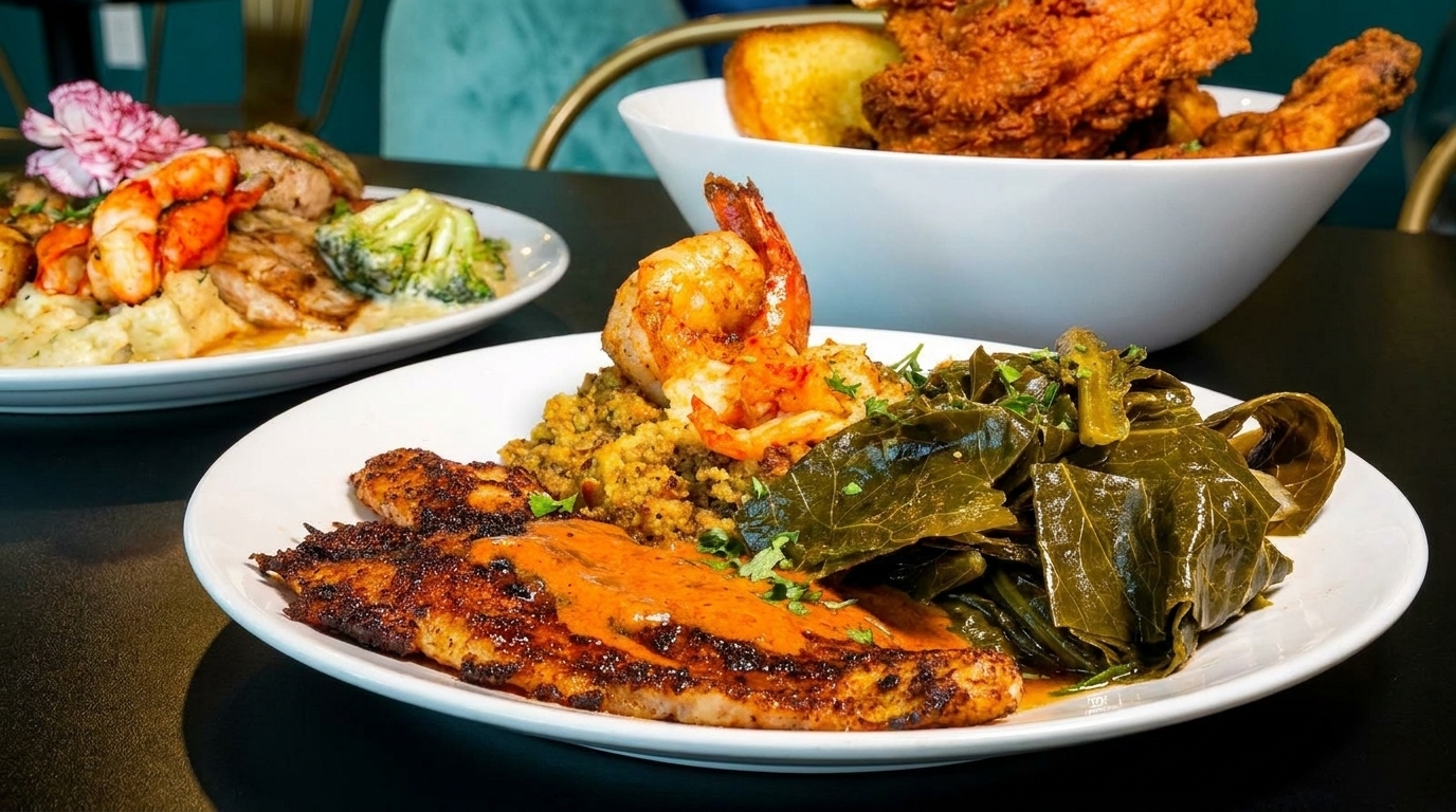 Plates of grilled fish with shrimp, collard greens, and a bowl of fried chicken with toast.