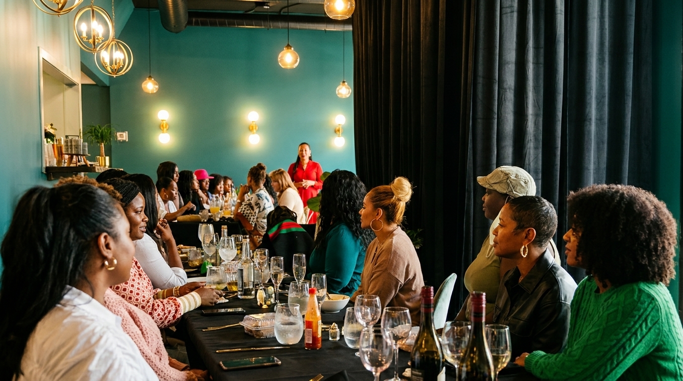 Women seated at a long table in a restaurant, listening to a speaker in a red dress.