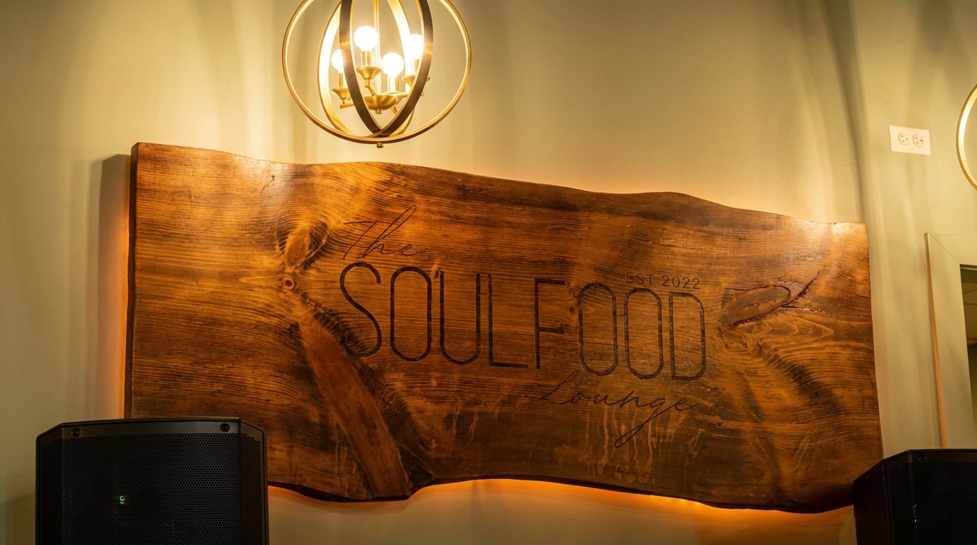 A wooden sign for "The Soulfood Lounge" with backlighting, beneath a gold chandelier.