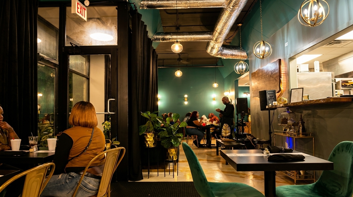 Restaurant interior with patrons dining at tables, teal walls, and gold light fixtures.