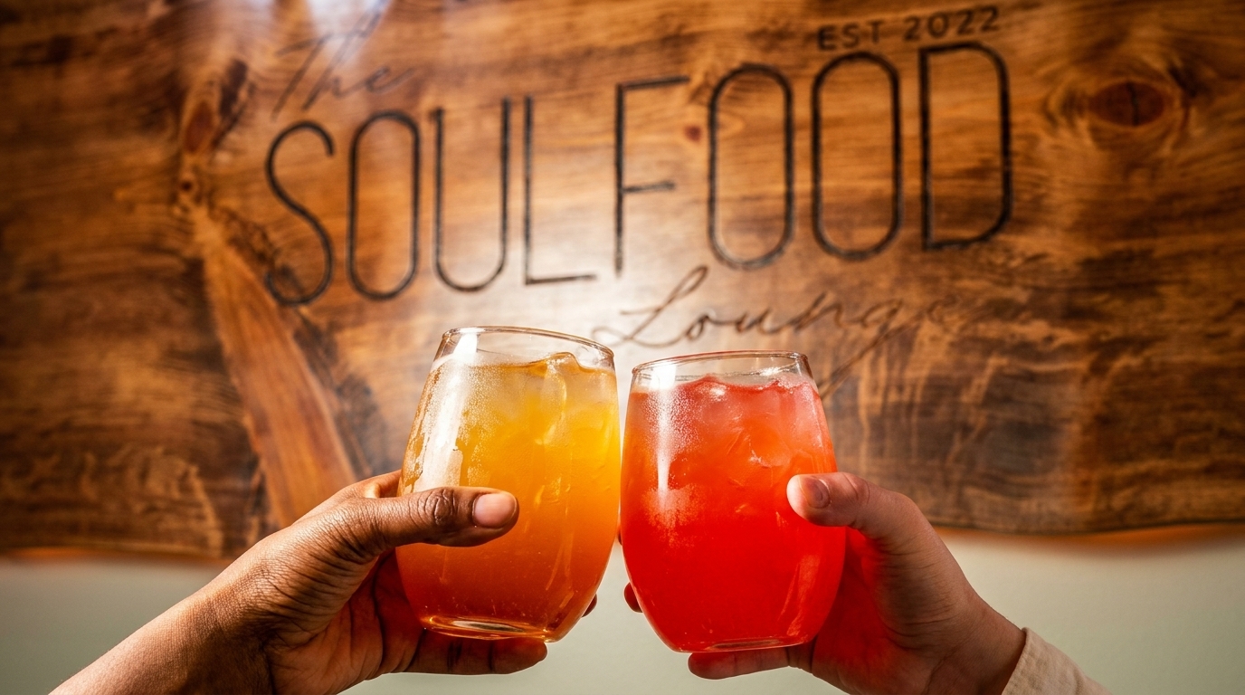Two hands holding colorful iced drinks, toasting in front of a wooden "Soulfood Lounge" sign.