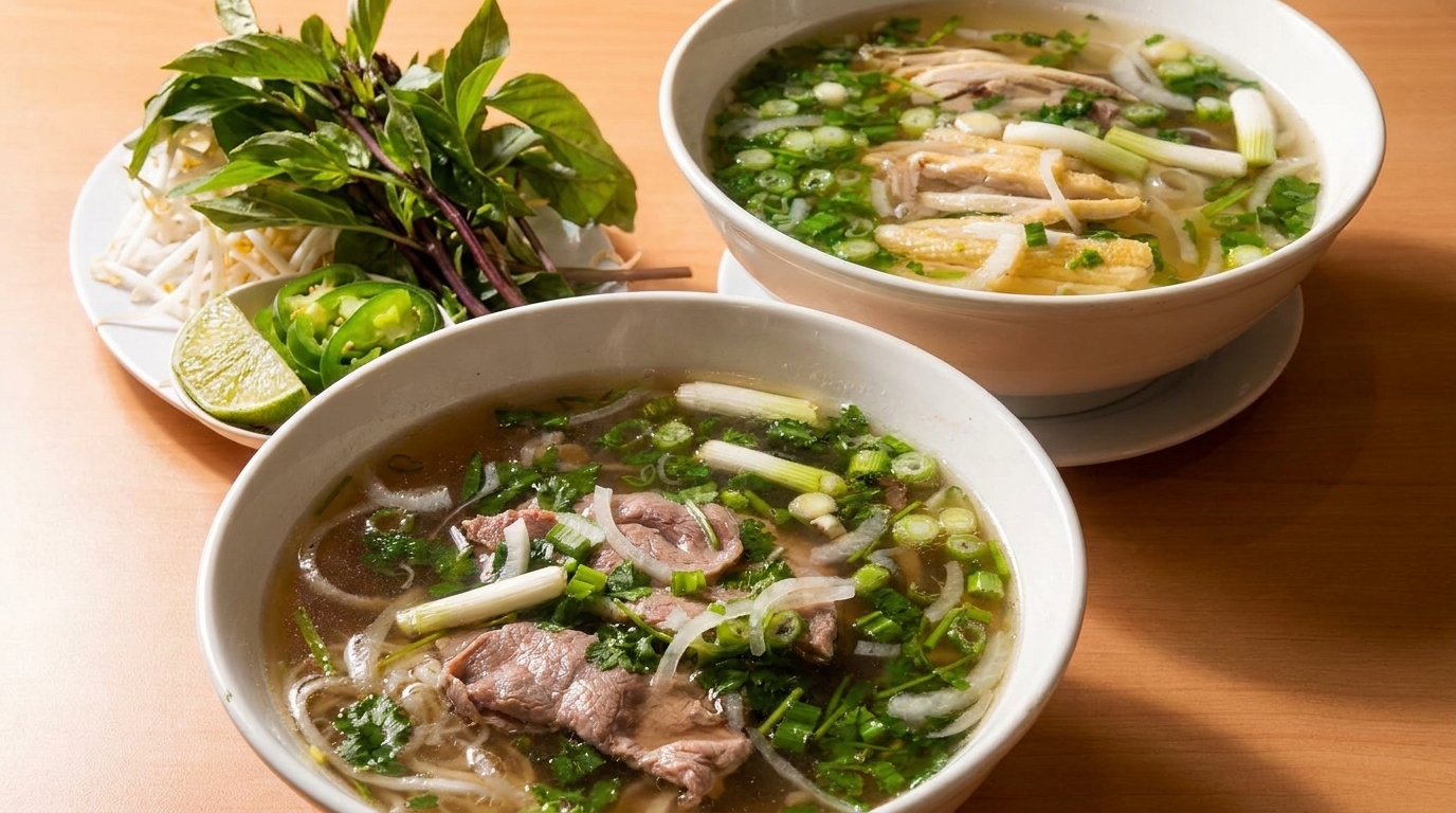 Two bowls of pho, one beef and one chicken, with a side of fresh herbs and lime.