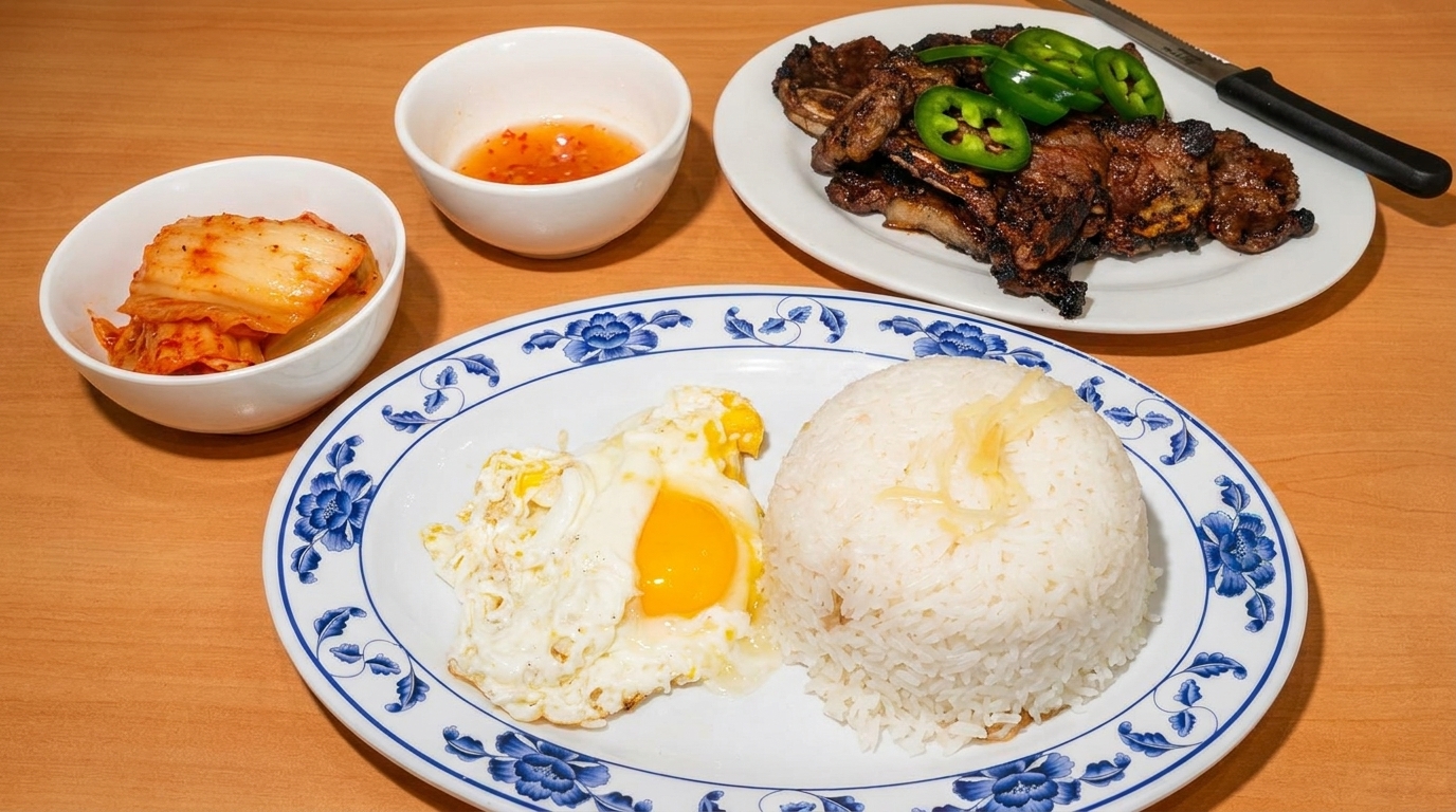 Filipino meal with grilled meat, rice, fried egg, kimchi, and dipping sauce on a wooden table.