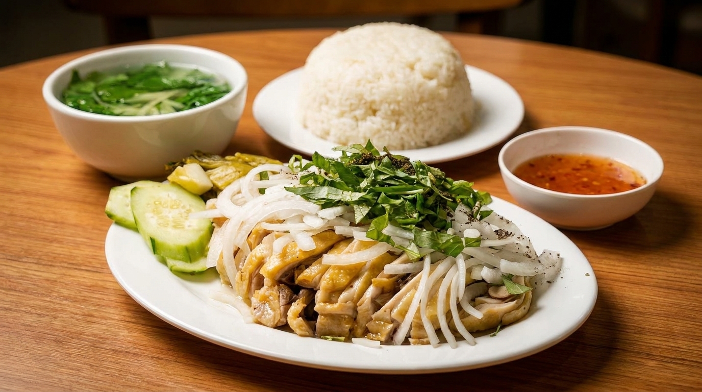 Hainanese chicken rice with sliced chicken, cucumbers, soup, and chili sauce on a wooden table.