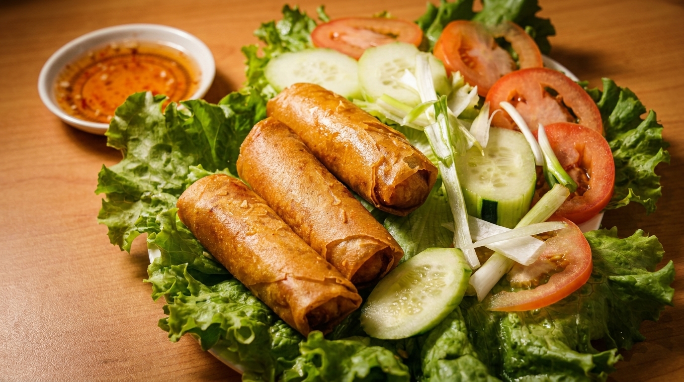 Three golden spring rolls on a bed of lettuce with sliced tomatoes, cucumbers, and a dipping sauce.