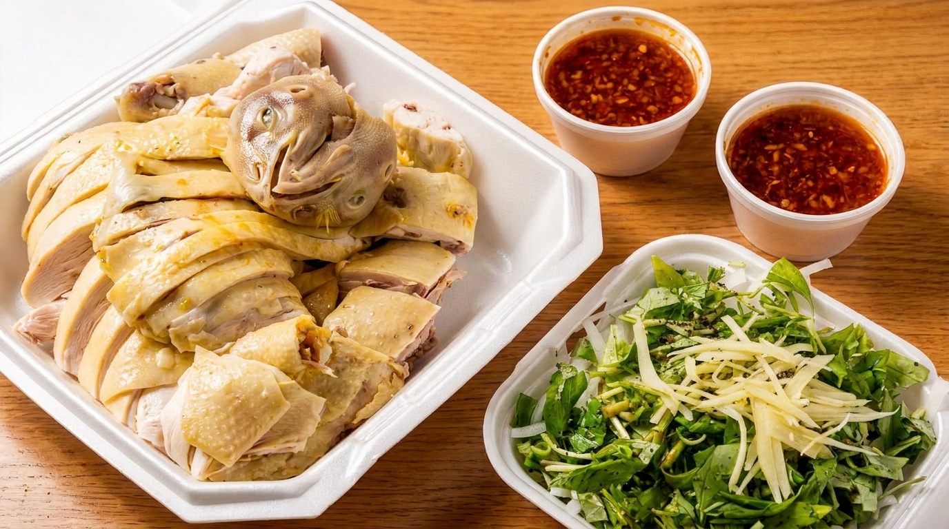 Sliced poached chicken with a chicken head, two chili sauces, and a side salad on a wooden table.