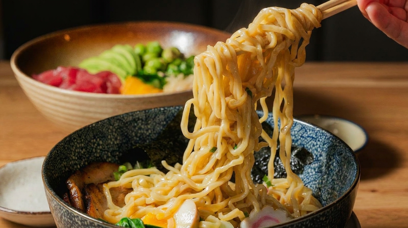 Chopsticks lift steaming ramen noodles from a bowl, with a poke bowl blurred in the background.