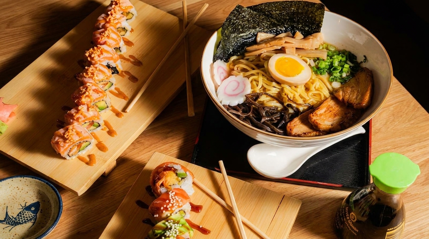 A bowl of ramen with pork, egg, and seaweed, alongside two plates of sushi rolls on a wooden table.