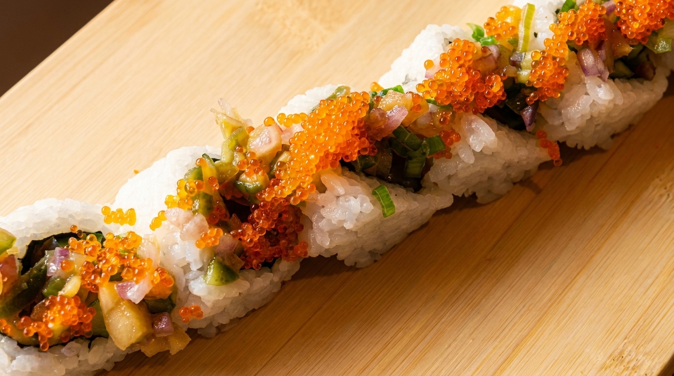 Sushi roll with white rice, green and red toppings, and bright orange fish roe on a wooden board.