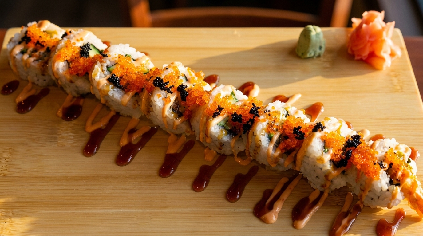 Sushi roll with orange and black roe, drizzled with sauce, on a wooden board with wasabi and ginger.