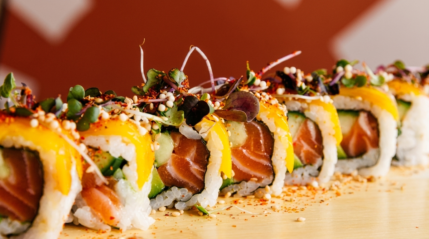Close-up of sushi rolls with salmon, cucumber, mango, and microgreens on a wooden board.