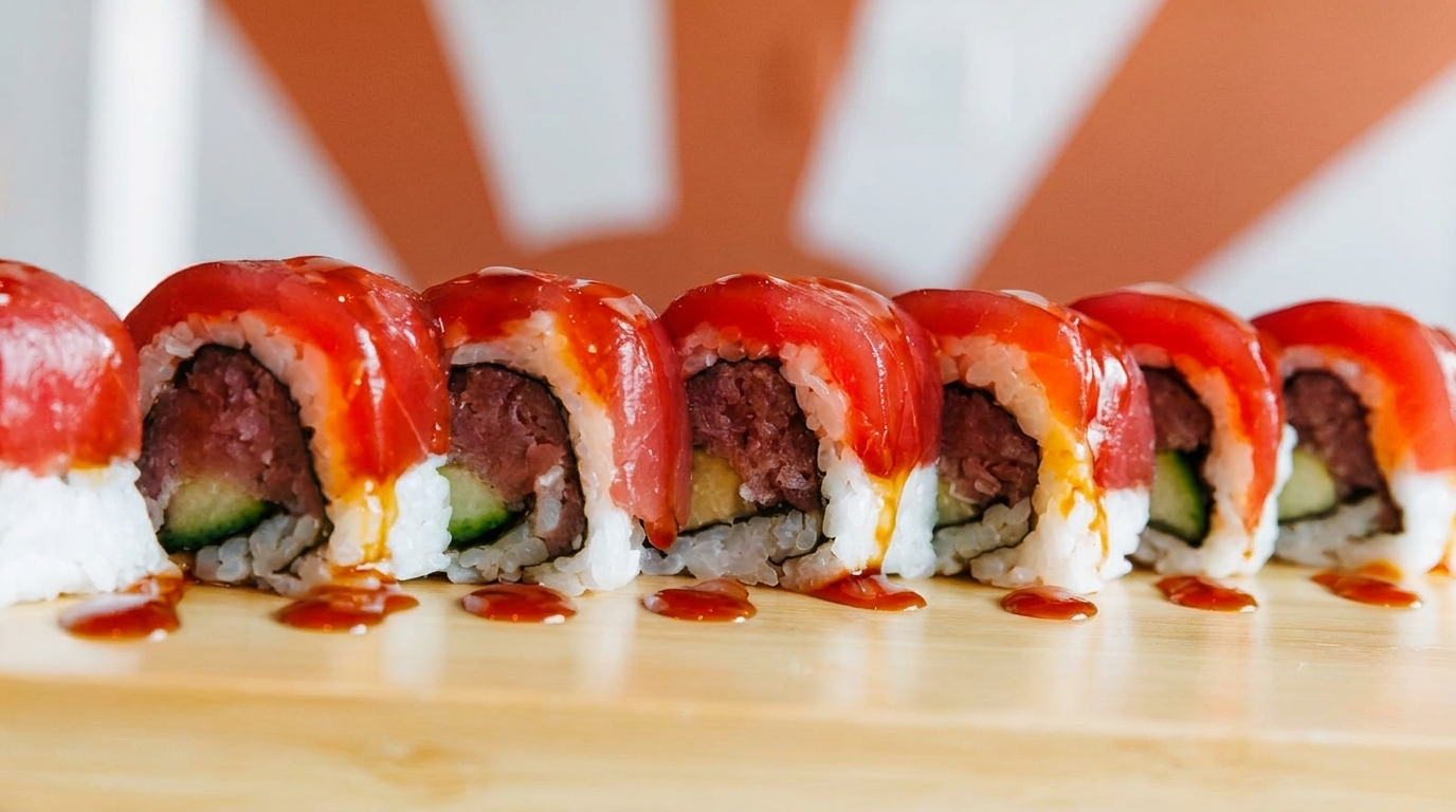 A row of sushi rolls with red tuna, cucumber, and a sweet sauce on a wooden board.