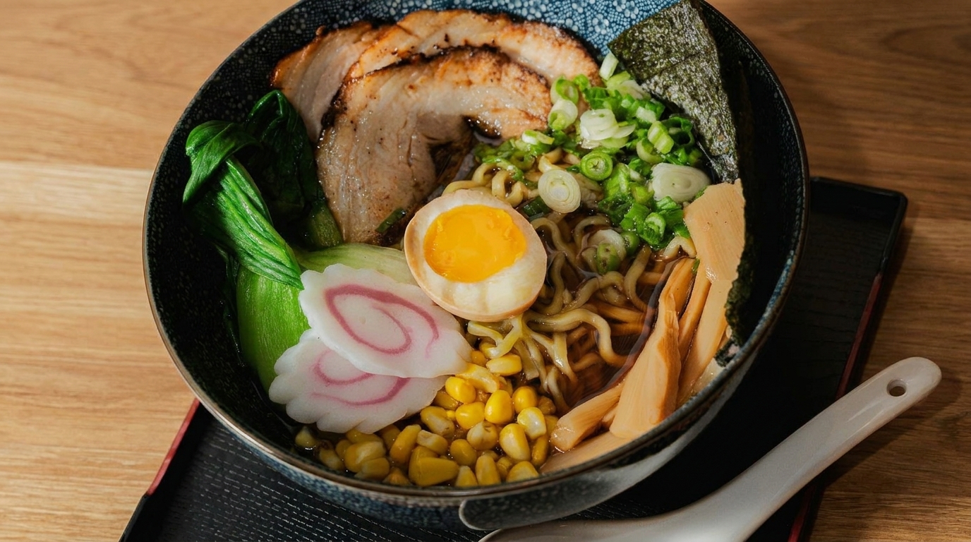 A bowl of ramen with pork, egg, bok choy, corn, scallions, and fish cake on a wooden table.