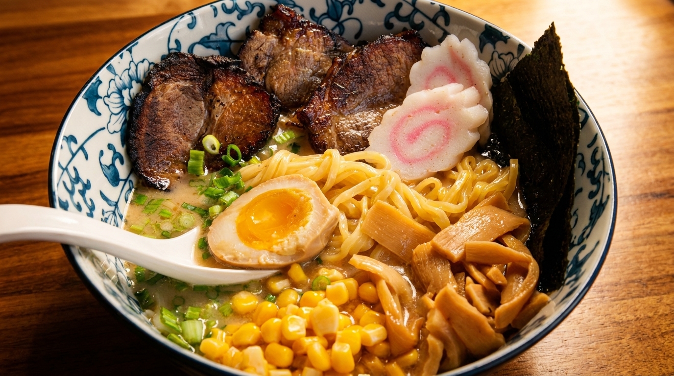 A close-up of a ramen bowl with pork, egg, corn, noodles, fish cake, and seaweed.