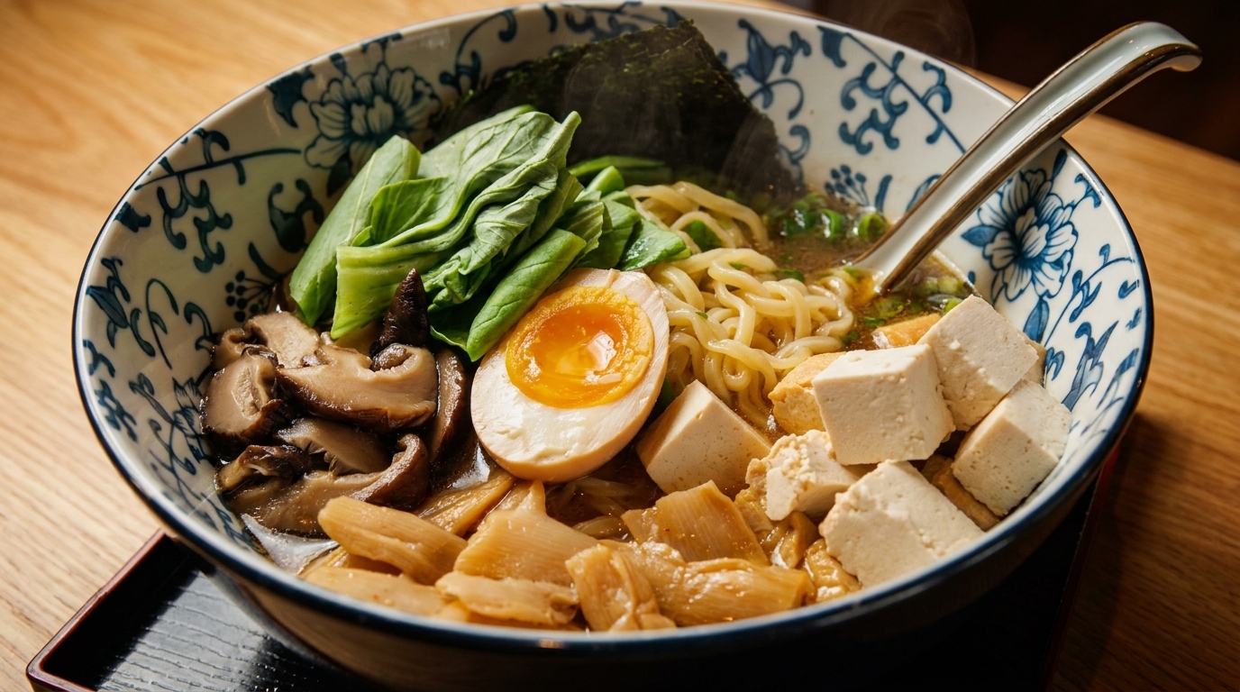 A steaming bowl of ramen with noodles, bok choy, mushrooms, tofu, bamboo shoots, and a soft-boiled egg.