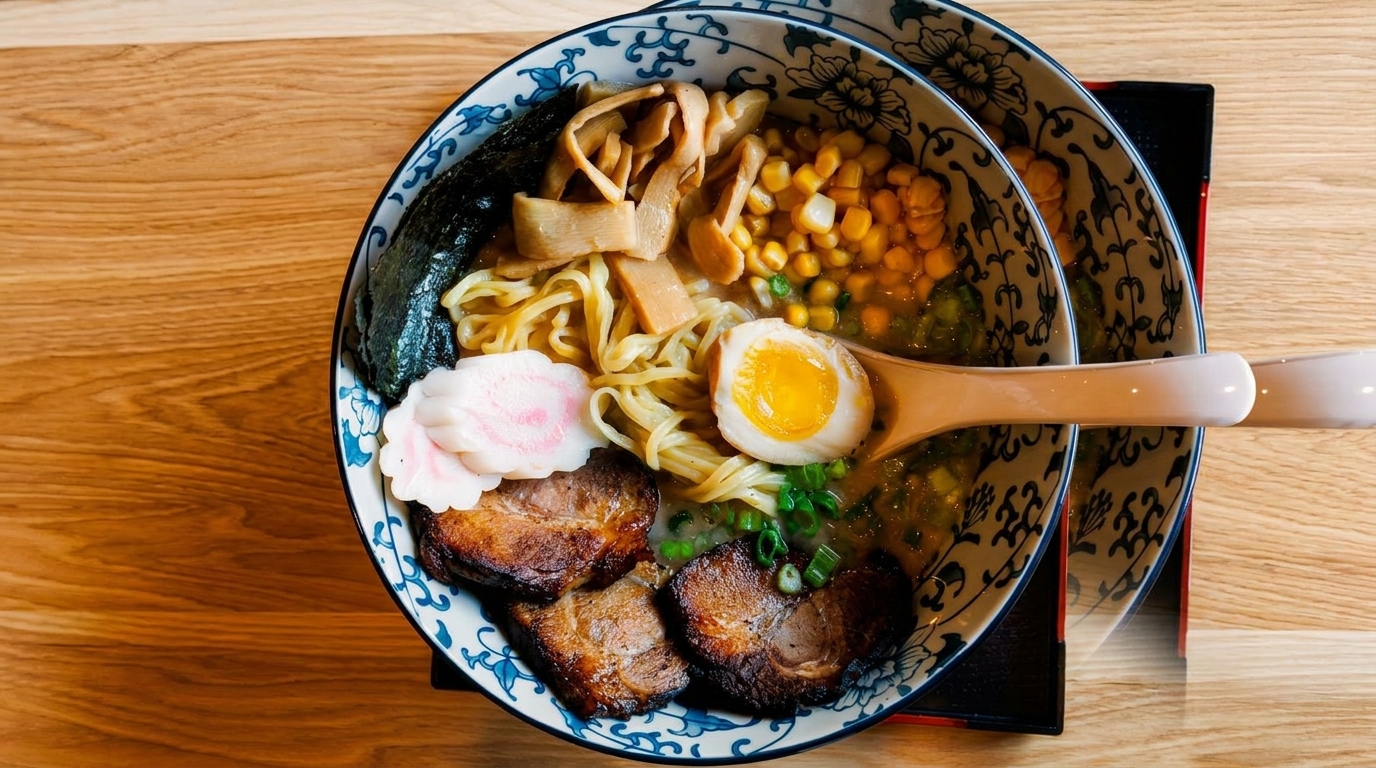 Two bowls of ramen with pork, egg, corn, seaweed, and fish cake on a wooden table.